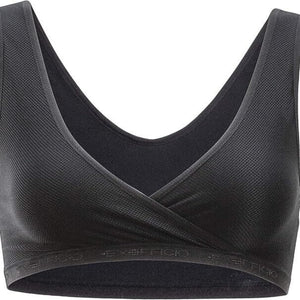 Exofficio Give-N-Go Cross Over Bras in Black Front View with Exofficio Branding On Elasticized Band | ScoutTech Outfitters Mississauga Store
