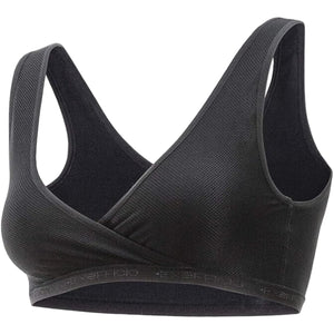 Exofficio Give-N-Go Cross Over Bras in Black Side View with Exofficio Branding On Elasticized Band | ScoutTech Outfitters Mississauga Store