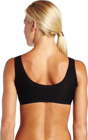Exofficio Give-N-Go Cross Over Bras in Black on a model back view with Exofficio Branding On Elasticized Band | ScoutTech Outfitters Mississauga Store