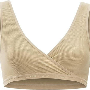 Exofficio Give-N-Go Cross Over Bras in Nude Tan Front View with Exofficio Branding On Elasticized Band | ScoutTech Outfitters Mississauga Store
