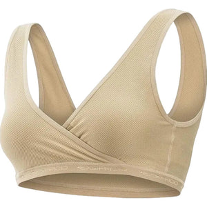 Exofficio Give-N-Go Cross Over Bras in Nude Tan Side View with Exofficio Branding On Elasticized Band | ScoutTech Outfitters Mississauga Store