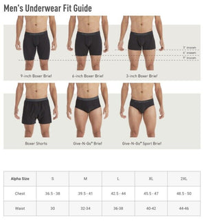 Exofficio Boxer Briefs with Fly Size Chart | ScoutTech Outfitters Mississauga Store