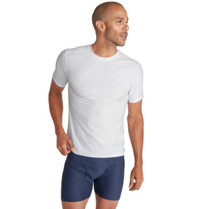 Exofficio Men's Give-N-Go Travel Tee Shirt in White on a model | ScoutTech Outfitters Mississauga