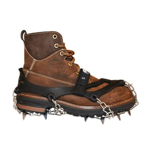 GV Unisex Ice Pro Crampons Slip on Chains and Spikes Outside View on Leather Boot Showing Adjustment Points | ScoutTech Outfitters Mississauga Store