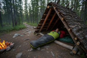 Hotcore T-200 Hooded Tapered Synthetic Lightweight Sleeping Bags -10C/14F Rated in Charcoal Grey and Olive Green Being Enjoyed by a Scout partially in an incomplete Adirondack Shelter | ScoutTech Outfitters 