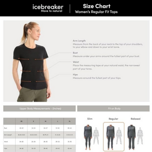 Icebreaker Women's Crush Merino Hoody Sweater in Charcoal Sizing Chart | ScoutTech Outfitters