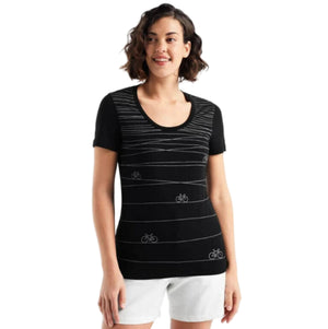 Icebreaker Merino Women's Tech Lite II Bicycle Print Scoop Neck Tee Shirts in Black with White Bicycle Graphics Size Large | ScoutTech Outfitters Mississauga Store