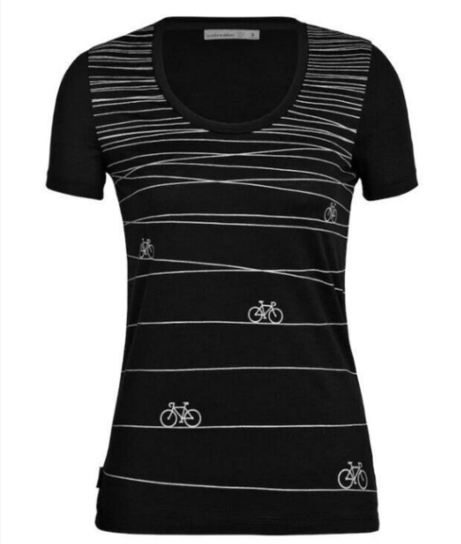 Icebreaker Merino Wool Women's Tech Lite II Bicycle Print Scoop Neck Tee Shirts in Black with White Bicycle Graphics | ScoutTech Outfitters Mississauga Store  