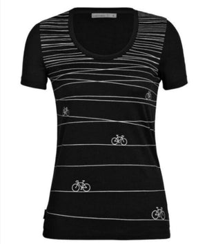 Icebreaker Merino Wool Women's Tech Lite II Bicycle Print Scoop Neck Tee Shirts in Black with White Bicycle Graphics | ScoutTech Outfitters Mississauga Store  
