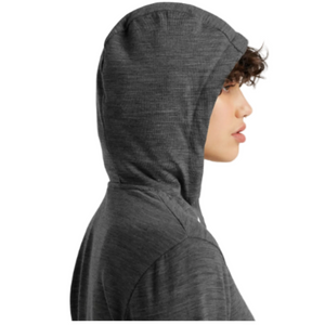 Icebreaker Women's Crush Long Sleeve Merino Hoodies in Charcoal Grey on Model Hood Up | ScoutTech Outfitters