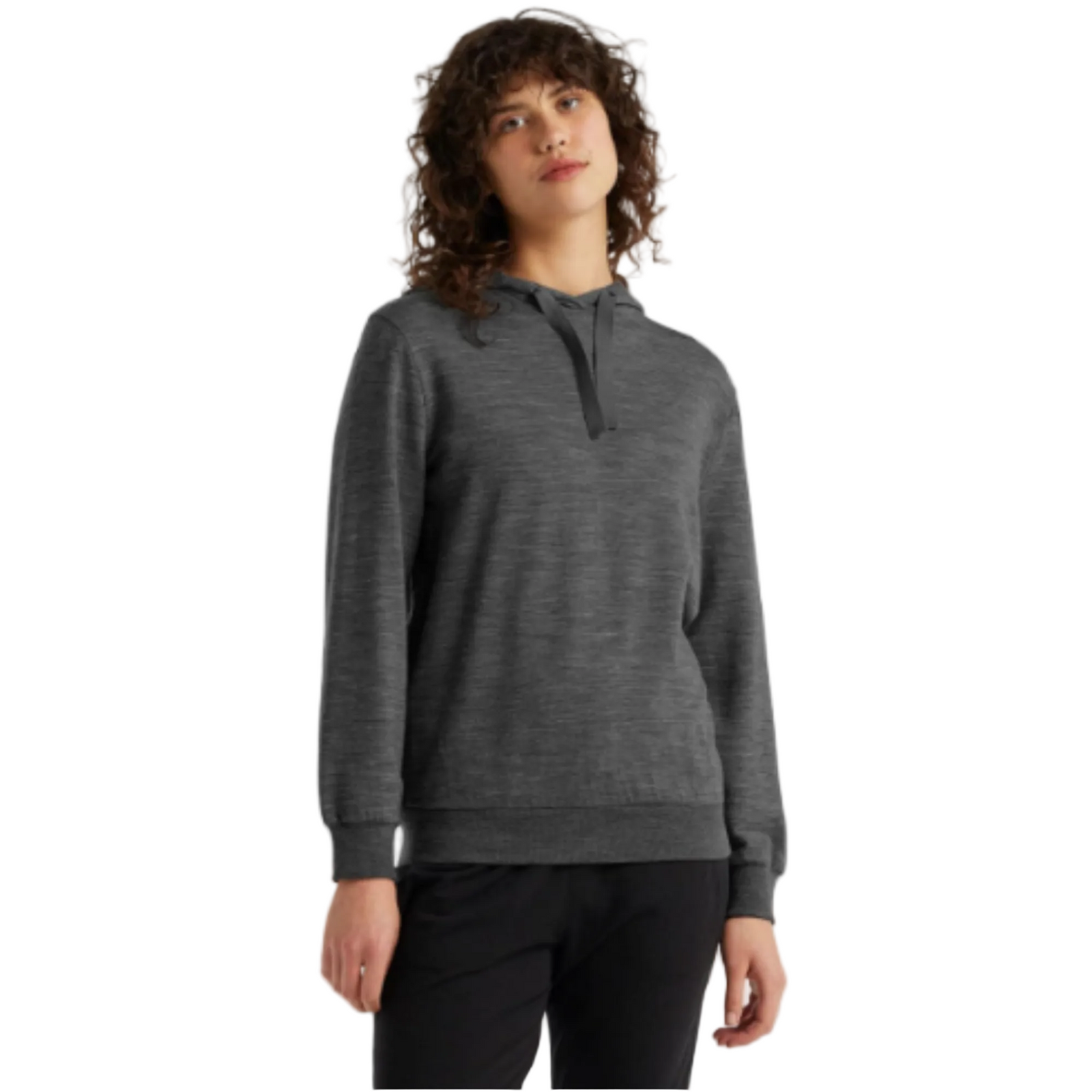 Icebreaker Women's Crush Merino Hoody Sweater in Charcoal on Model Front Pose | ScoutTech Outfitters Retail Store