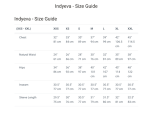 Indyeva size guide chart for clothing measurements.