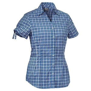 Jack Wolfskin Women's Farlane Short Sleeve Button Up Quick Dry Adventure Shirts in Blue Check | ScoutTech Outfitters