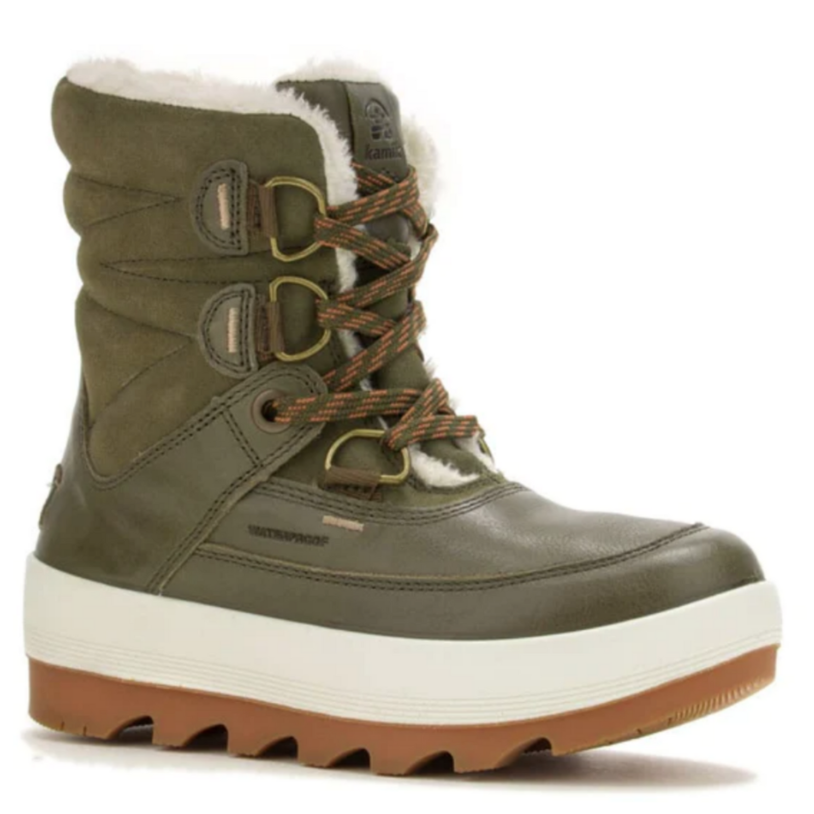 Kamik Women's The Celeste M -20C / -5F Insulated Waterproof Winter Boots With Beige and White Rubber Tread, Green Leather and Suede and White Faux Shearling Lining | ScoutTech Outfitters Mississauga Store
