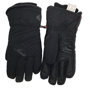 Kombi Women's Down Advantage Gloves in Black Pair Clipped Together with included clasp on white back ground.  Visible are Kombi logo both stitched in cursive and logo and leather palm | ScoutTech Outfitters Mississauga Store