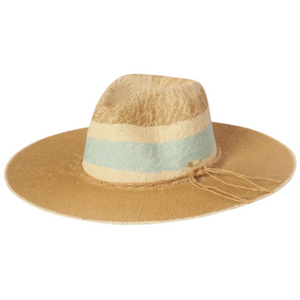 Kooringal Women's Carmela Wide Brim Woven Paper Straw Sun Hat in Tea with Tan and Sand Stripes with View Showing Decorative Knotted Straw | ScoutTech Outfitters