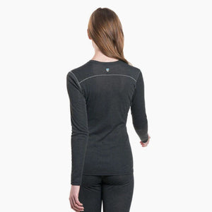 Kuhl Women's Akkomplice Krew Synthetic Base Layer Tops in Charcoal on Female Model Back Side View Showing Logo and Light Grey Seam with a White Background | ScoutTech Outfitters Mississauga Store