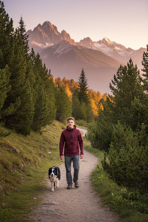 Mammut Mens Mercury Italian Pontetorto Technopile Fleece Hoody Jackets Full Zipper in Barolo Red Wine on a Male Model enjoying an Alpine Hike with Dog | ScoutTech Outfitters Mississauga Store