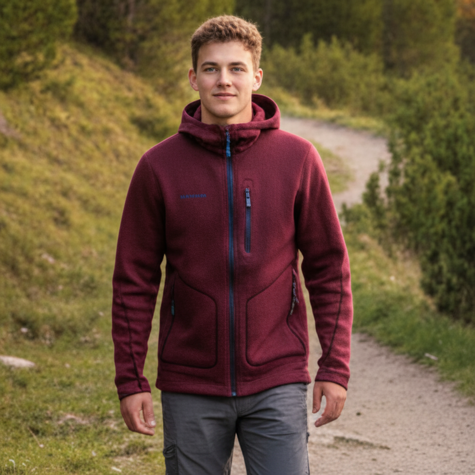 Mammut Mens Mercury Italian Pontetorto Technopile Fleece Hoody Jackets Full Zipper in Barolo Red Wine on a Male Model enjoying an Alpine Hike | ScoutTech Outfitters Mississauga Store 