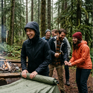 A young woman setting up camp with some friends while wearing the Mammut Ebba Rain Jacket.  the site is set in some old pine growth forest with makeshift tables and seats and a fire pit in the background.  the weather is light rain and cloudy but everyone is in good spirits | ScoutTech Outfitters