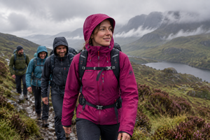 Mammut Women's Makai Rain Jacket worn by a happy woman in her 30's while hiking the Scottish highlands coastal trail in wet weather with a group of friends. | ScoutTech Outfitters