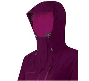 Mammut Women's Misaun GTX Insulated Winter Jacket in Purple Close up of Hood and Neck Closure with Grey Adjustment Toggles | ScoutTech Outfitters