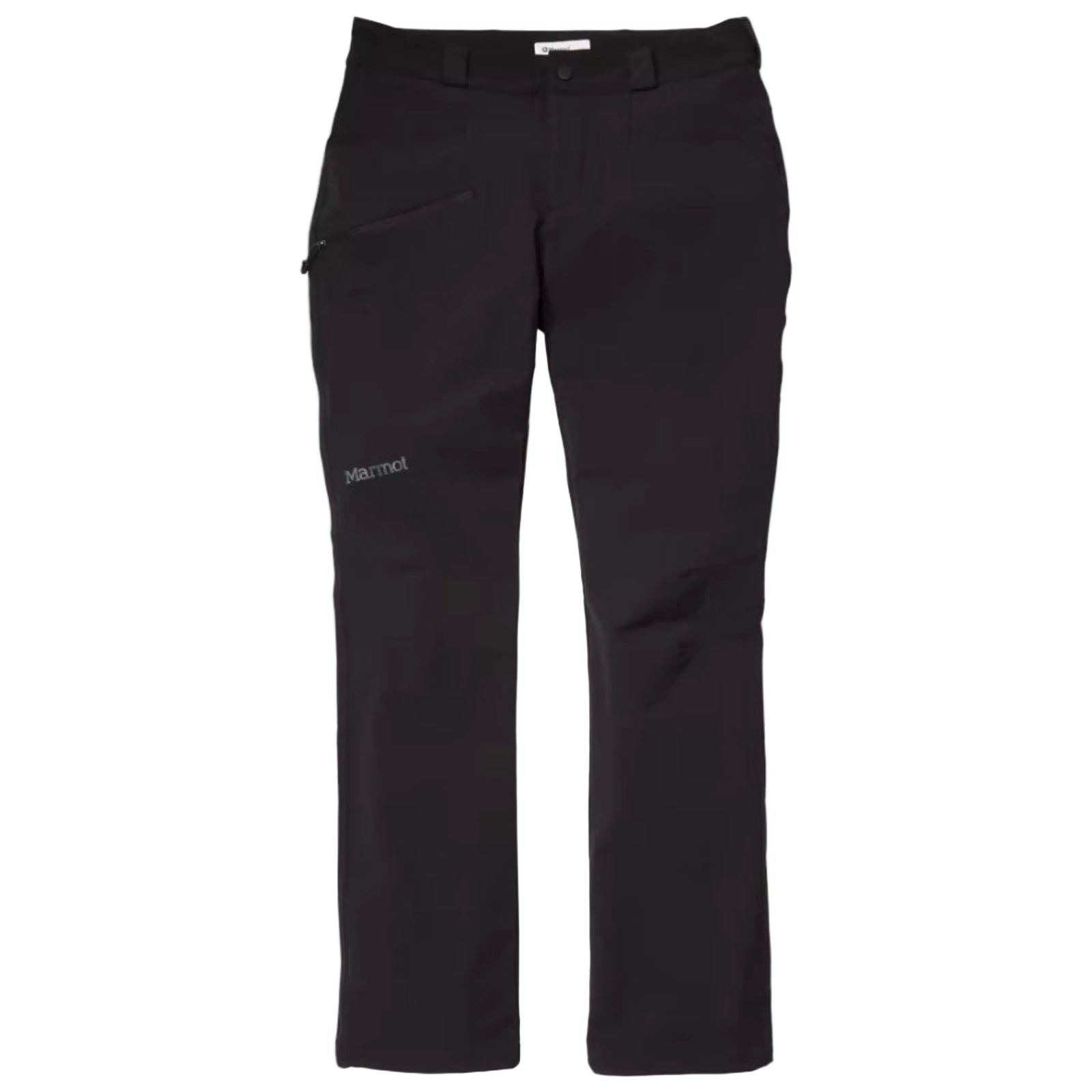 Marmot Women's Scree Ankle Zip Pants in Black showing Marmot logo stitched into right leg and zippered thigh pocket | ScoutTech Outfitters Mississauga Store