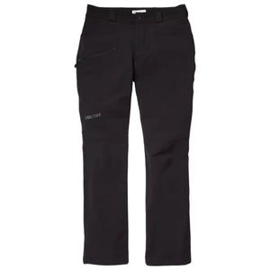 Marmot Women's Scree Ankle Zip Pants in Black showing Marmot logo stitched into right leg and zippered thigh pocket | ScoutTech Outfitters Mississauga Store