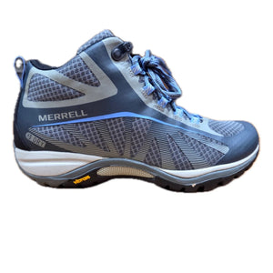 Merrell Women's Sirens Edge Mid Waterproof Hiking Boots Blue Logos View | ScoutTech Outfitters