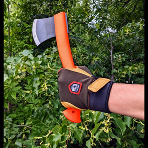Morakniv Lightweight Axe Orange Handle being wielded with gloves on in a forest | ScoutTech Mississauga
