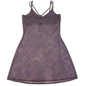 Mountain Hardwear Women's Afra Travel Dress in Purple Floral Print Back View Showing Embroidered Nut Logo | ScoutTech Outfitters