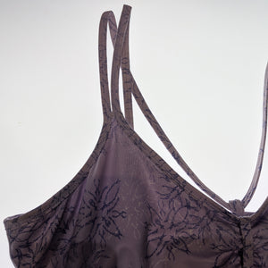 Mountain Hardwear Women's Afra Travel Dress in Purple Floral Print Close Up of Dual Shoulder Straps and Dress Details | ScoutTech Outfitters