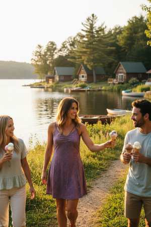 Three people walking along a lakeside path at sunset, each holding an ice cream cone. The central person wears a shimmering lavender-purple sleeveless Mountain Hardwear Afra dress, with cabins, trees, and boats visible in the background. | ScoutTech Outfitters