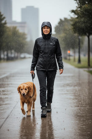 A woman wearing a black hooded Mountain Hardwear Women's Plasmic Rain Jacket walks with a golden retriever dog on a wet city street in the rain. | ScoutTech Mississauga Store
