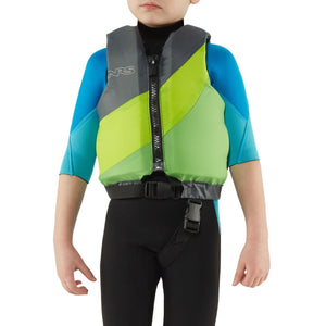NRS Children's Crew PFD Life Jackets in Green Front View On Model | ScoutTech Outfitters Mississauga Store
