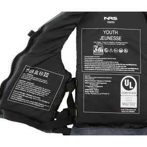 NRS Crew Youth PFD Open View with Black Material and White Writing Close up for UL Safety and NRS Contacts | ScoutTech