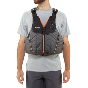 NRS Men's Oso PFD's Front Zip Life Jackets Front Close Up in Grey with Orange Accent on Alternate Model | ScoutTech Mississauga