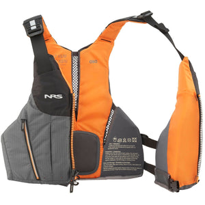 NRS Men's Oso PFD's Front Zip Life Jackets Half Open showing venting and padding and care details in Grey with Orange Accents | ScoutTech Mississauga