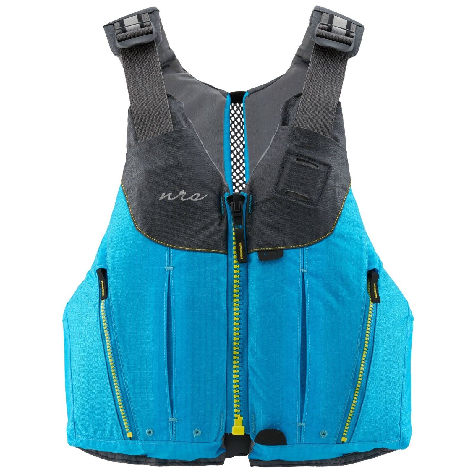 NRS Nora Women's Specific Fit PFD's Front View in Blue with Grey Accents of Pockets and Adjustment Straps | ScoutTech Outfitters Mississauga Store