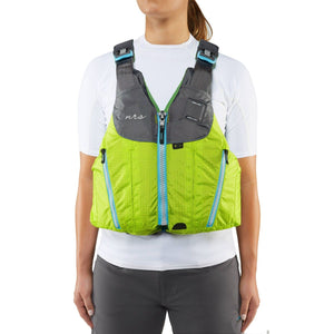NRS Nora Women's Specific Fit PFD's in Green with Grey on a Model | ScoutTech Outfitters Mississauga Store