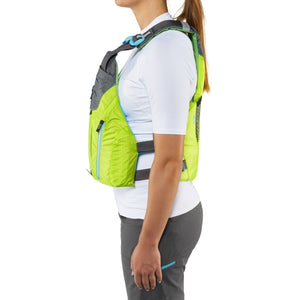 NRS Nora Women's Specific Fit PFD's in Green with Grey on a Model Left Side View | ScoutTech Outfitters