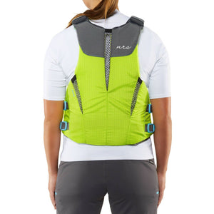 NRS Nora Women's Specific Fit PFD's Back Side  in Green with Grey and View of Reflective NRS Logo and Venting | ScoutTech Outfitters