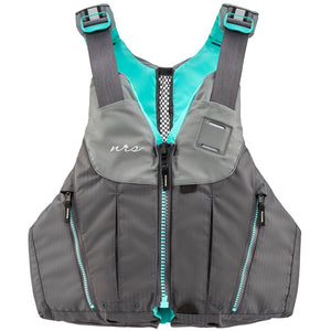 NRS Nora Women's Specific Fit PFD's Close Up Front View in Grey with Blue Accents of Pockets and Adjustment Straps | ScoutTech Outfitters Mississauga Store