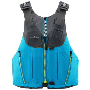 NRS Nora Womens Specific Fit PFDs Front View in Blue with Grey View of River Knife Attachments and Pockets and Adjustment Straps | ScoutTech Mississauga Store