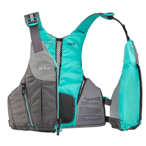 NRS Nora Women's Specific Fit PFD's In Grey with Teal Accents Half Open View | ScoutTech Outfitters