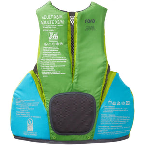 NRS Nora Women's Specific Fit PFD's Inside View with Padding and Printed Certifications and Care | ScoutTech Outfitters Mississauga