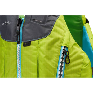 NRS Nora Women's Specific Fit PFD's in Green with Grey Close Up of Zippers | ScoutTech Outfitters