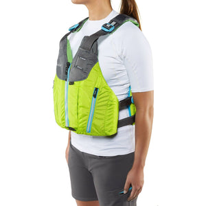 NRS Nora Women's Specific Fit PFD's in Green with Grey on a Model Showing Side View | ScoutTech Outfitters