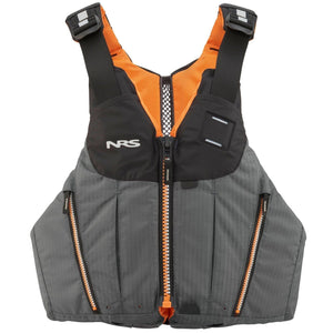 NRS Oso PFDs in Grey Showing Front Main and Pocket Zips and Reflective NRS Logo and River Knife Clip Point | ScoutTech Outfitters Mississauga Store