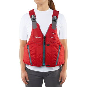 NRS Unisex Oso PFD's Front Zip Life Jackets Front Close Up in Red with Grey Accent on Female Model | ScoutTech Outfitters Mississauga Store